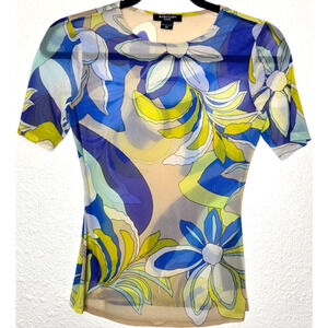 Marciano Guess Top Womens XS Blue Yellow Floral Sheer Mesh Retro Y2K Baby Tee